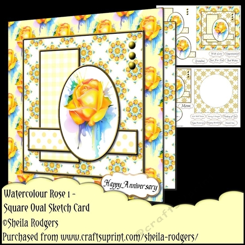 Square Oval Sketch Card - Watercolour Rose 1