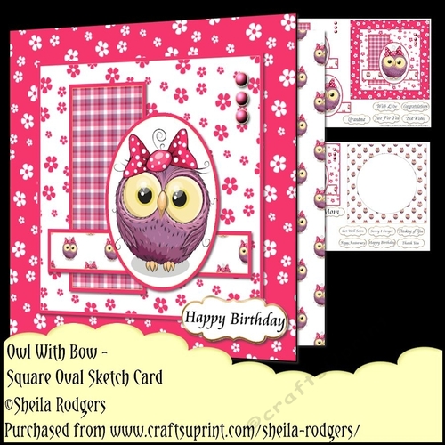 Square Oval Sketch Card - Owl With Bow