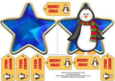 Penguin on Blue Star with Tags