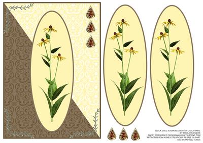 Black Eyed Susan Flowers in Oval Frame on Brocade