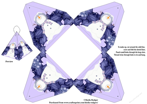 Folded Triangle Box - Lilac Snowmen and Holly Wreath