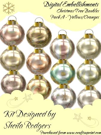 Xmas Tree Baubles Set a - Yellows & Oranges