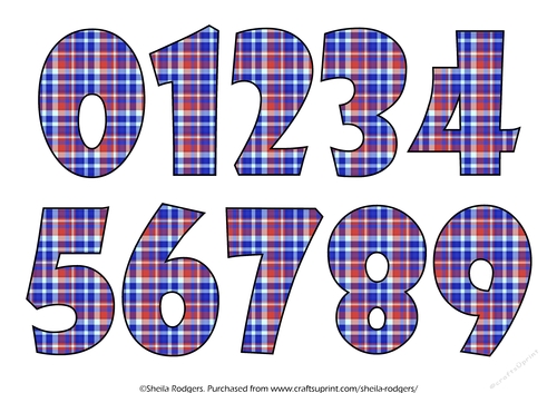 NUMBERS 0 TO 9 - TARTAN BLUE RED