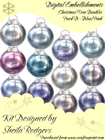 Xmas Tree Baubles Set D - Blues Pink