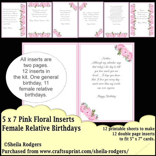 5 x 7 PINK FLORAL INSERTS FEMALE RELATIVE BIRTHDAYS