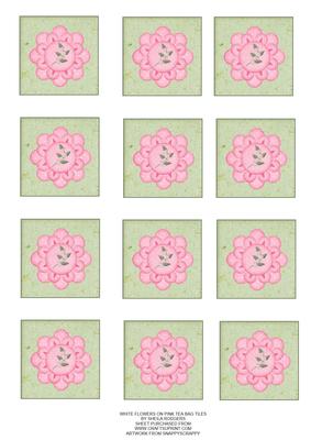White Flowers on Pink Tea Bag Tiles