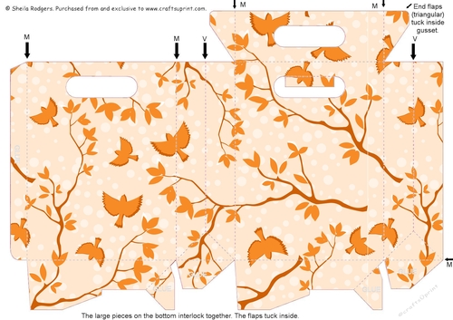 Gusset Sided Gift Bag - Birds and Leaves Orange