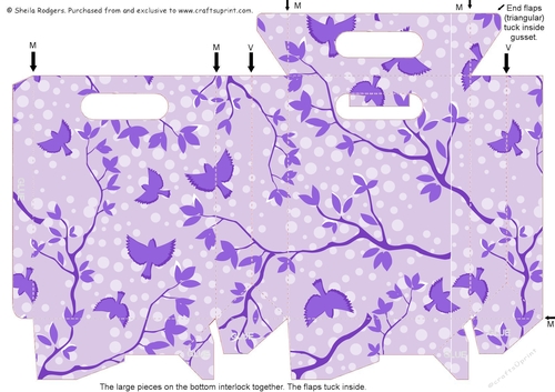 Gusset Sided Gift Bag - Birds and Leaves Purple