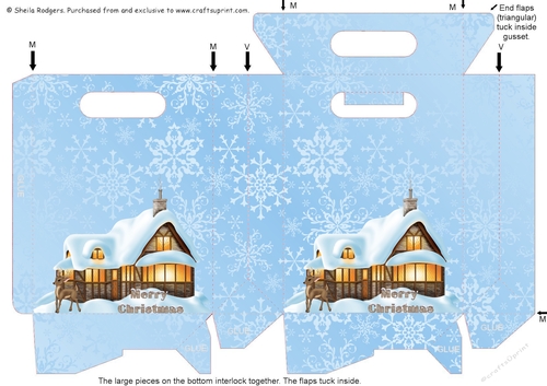 Gusset Sided Gift Bag - Snowflakes, Cottage and Deer