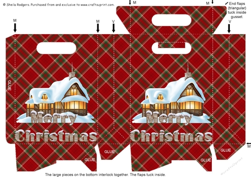 Gusset Sided Gift Bag - Red Tartan Christmas Cottage