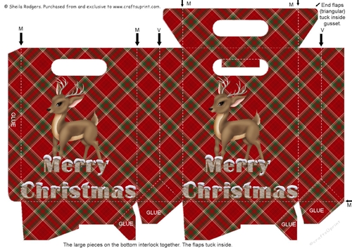 Gusset Sided Gift Bag - Red Tartan Christmas Deer
