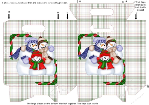 Gusset Sided Gift Bag - Snowman Family on Tartan