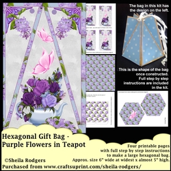 HEXAGONAL GIFT BAG - PURPLE FLOWERS IN TEAPOT