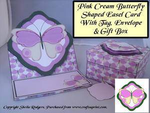 Pink Cream Butterfly Shaped Easel, Tag, Envelope & Gift Box
