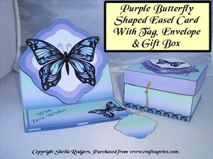 Purple Butterfly Easel, Tag, Envelope & Gift Box