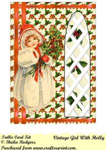 Vintage Girl with Holly Side Trellis Card