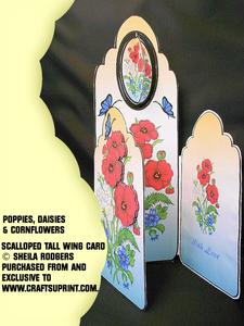 Scalloped Tall Wing Card - Poppies, Daisies & Cornflowers