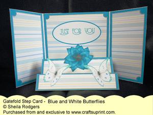 Gatefold Step Card - Blue and White Butterflies