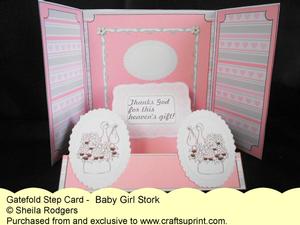 Gatefold Step Card - Baby Girl Stork