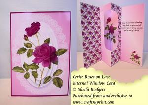 Internal Window Card - Cerise Roses on Lace