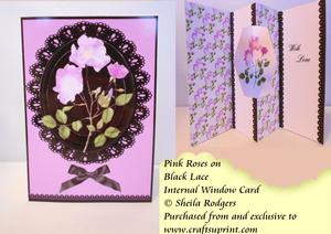 Internal Window Card - Pink Roses on Black Lace