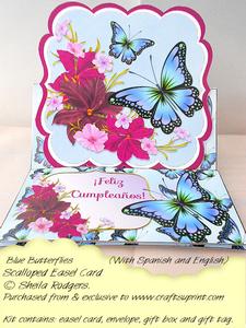 Scalloped Easel Card - Blue Butterflies (with Spanish)