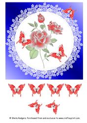 Red Butterflies on Roses and Lace