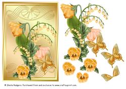 Apricot Flowers and Gold Butterfly