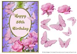 Pink Rose Corner with Butterflies - 50th Birthday