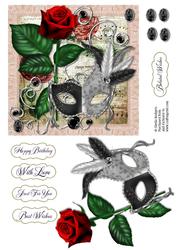 6 Inch Card - Venetian Mask - Red Rose and Silver