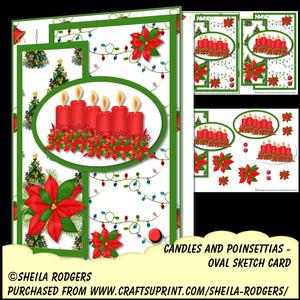 Oval Sketch Card - Candles and Poinsettias