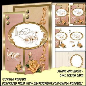Oval Sketch Card - Swans and Roses