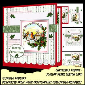 Scallop Pearl Sketch Card - Christmas Robins