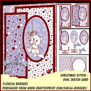 Oval Sketch Card - Christmas Kitten
