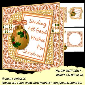 Bauble Sketch Card - Yellow with Holly