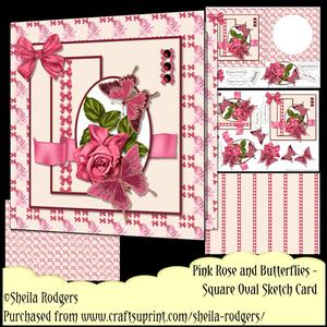 Square Oval Sketch Card - Pink Rose and Butterflies