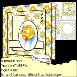 Square Oval Sketch Card - Watercolour Rose 1