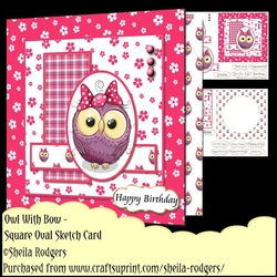 Square Oval Sketch Card - Owl With Bow
