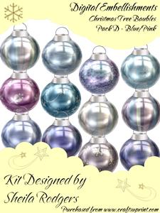 Xmas Tree Baubles Set D - Blues Pink