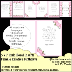 5 x 7 PINK FLORAL INSERTS FEMALE RELATIVE BIRTHDAYS