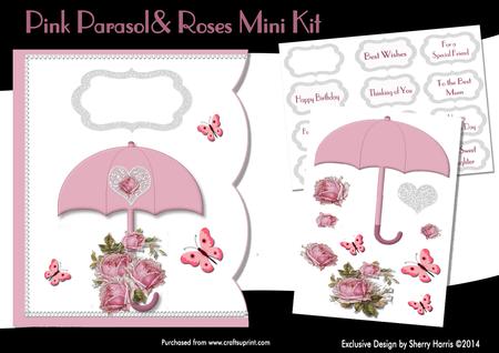 Pink Parasol & Roses Scalloped Card - Mini Kit