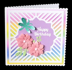 Flowers & Dragonfly Overlay card with Rainbow backing paper