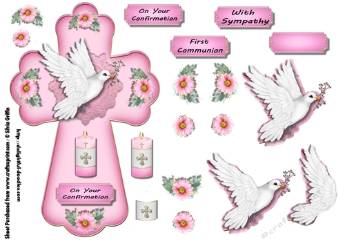 Pink Cross with Dove and Flowers