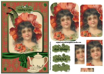Poppy Flower and Vintage Girl Having Tea Pyramid