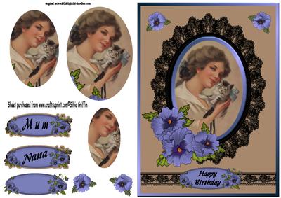 Vintage Lady Holding a Cat with Pansies Qs