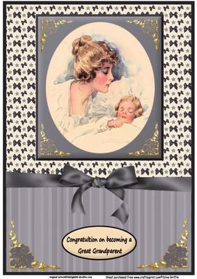 Vintage Mother and Baby in Grey A4