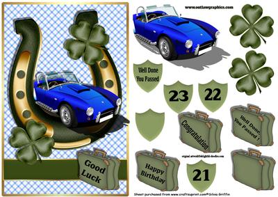 Horse Shoe and Clover with Blue Racing Car- 2 Qs