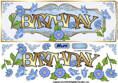 Birthday Blue Flowers and Butterfly Large Dl