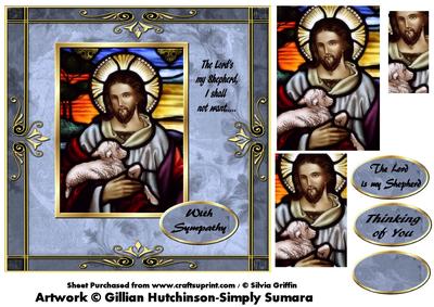 Stained Glas Shepert with Lamb in Ornate Frame Qs