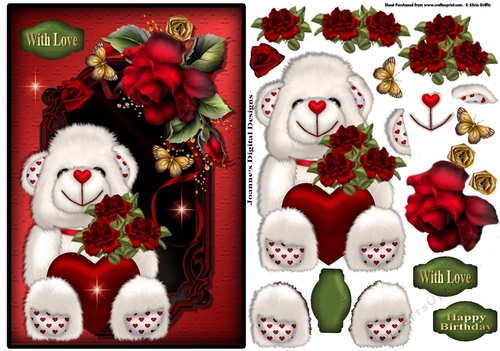 White Teddy Bear with Harts and Roses SBS